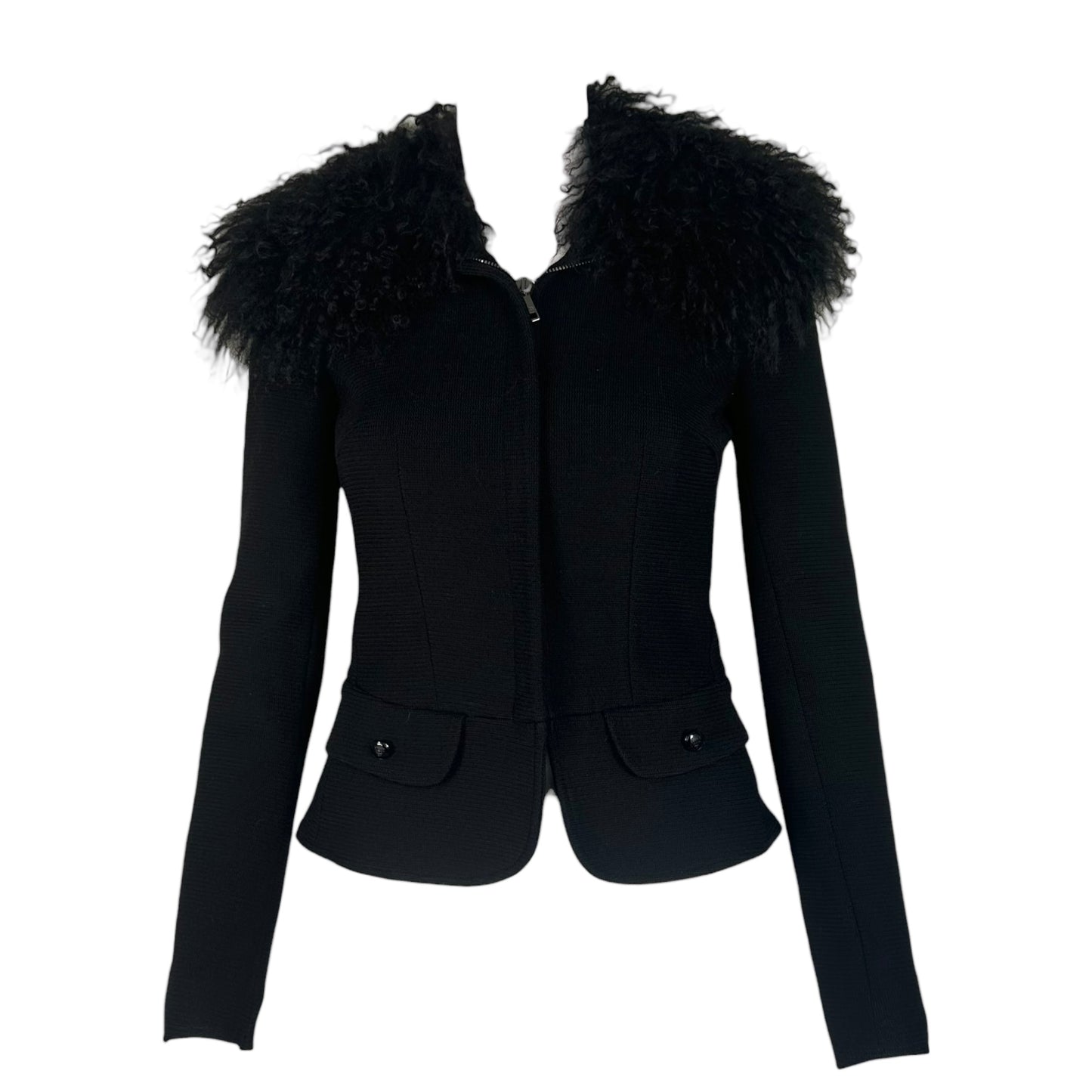 Dolce & Gabbana Black Wool Jacket w/ Mongolian Fur Collar