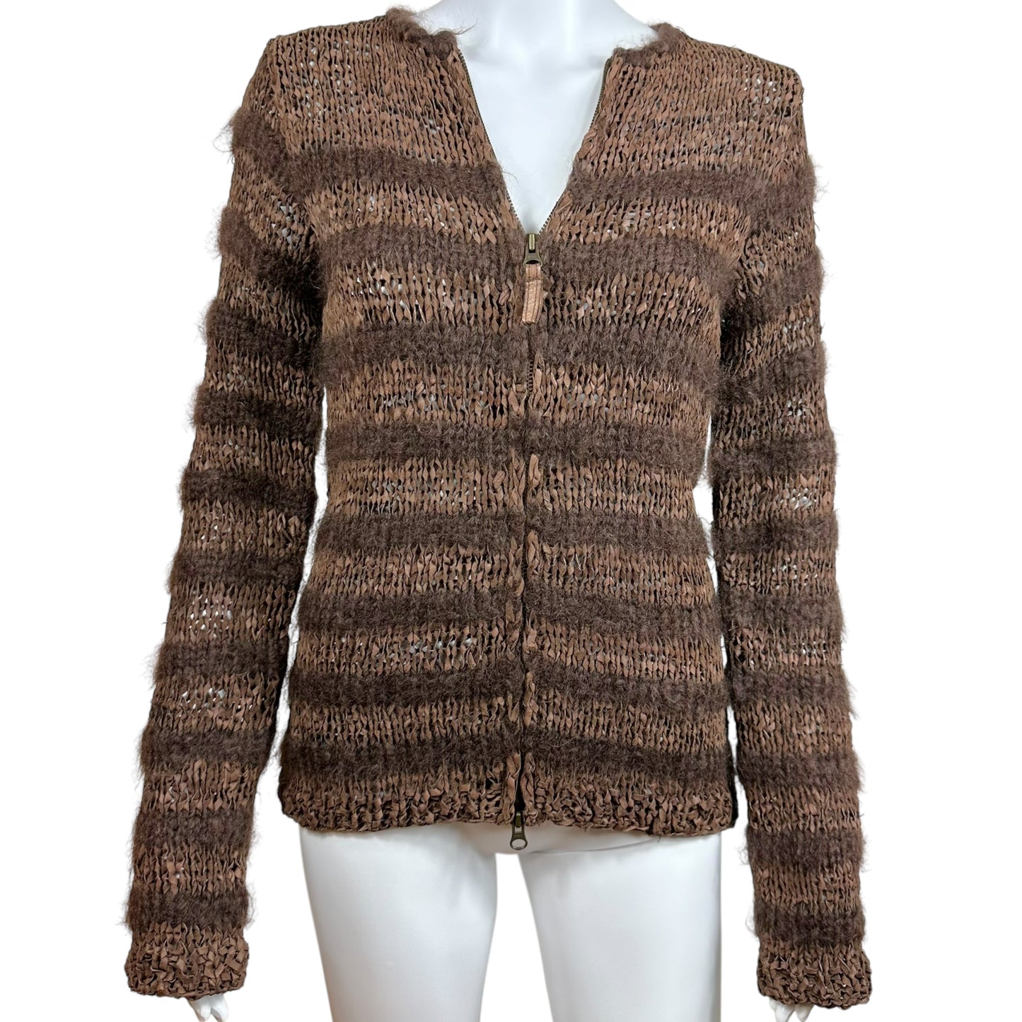 Jean Paul Gaultier Brown Striped Knit Zip Up Cardigan Sweater