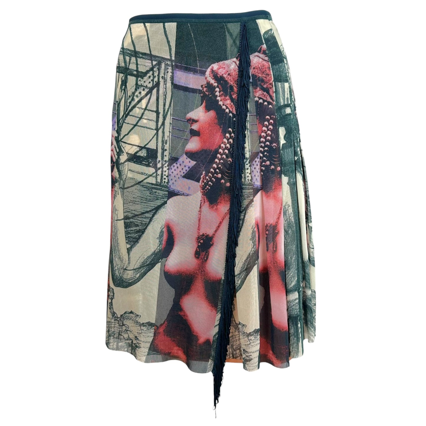 Jean Paul Gaultier Multicolor Statue Print Fringe Trim Mesh Midi Skirt