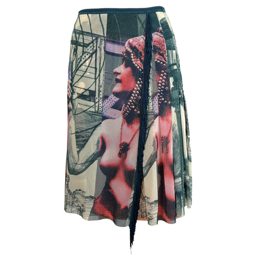 Jean Paul Gaultier Multicolor Statue Print Fringe Trim Mesh Midi Skirt