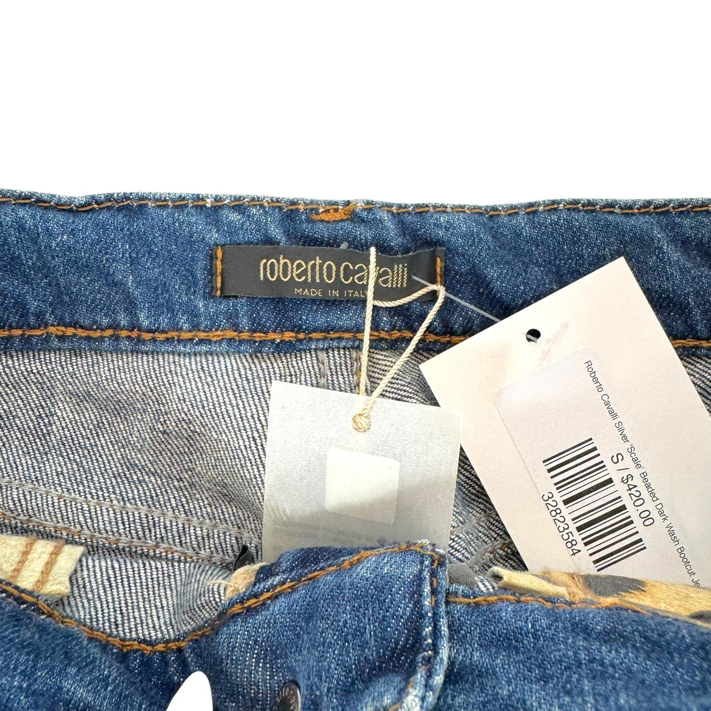 Roberto Cavalli Silver 'Scale' Beaded Dark Wash Bootcut Jeans NEW