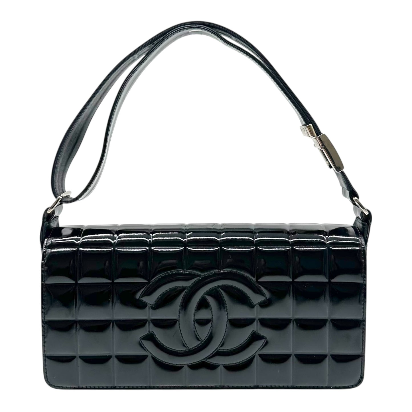 Chanel Black Patent Leather Chocolate Bar Pochette Bag