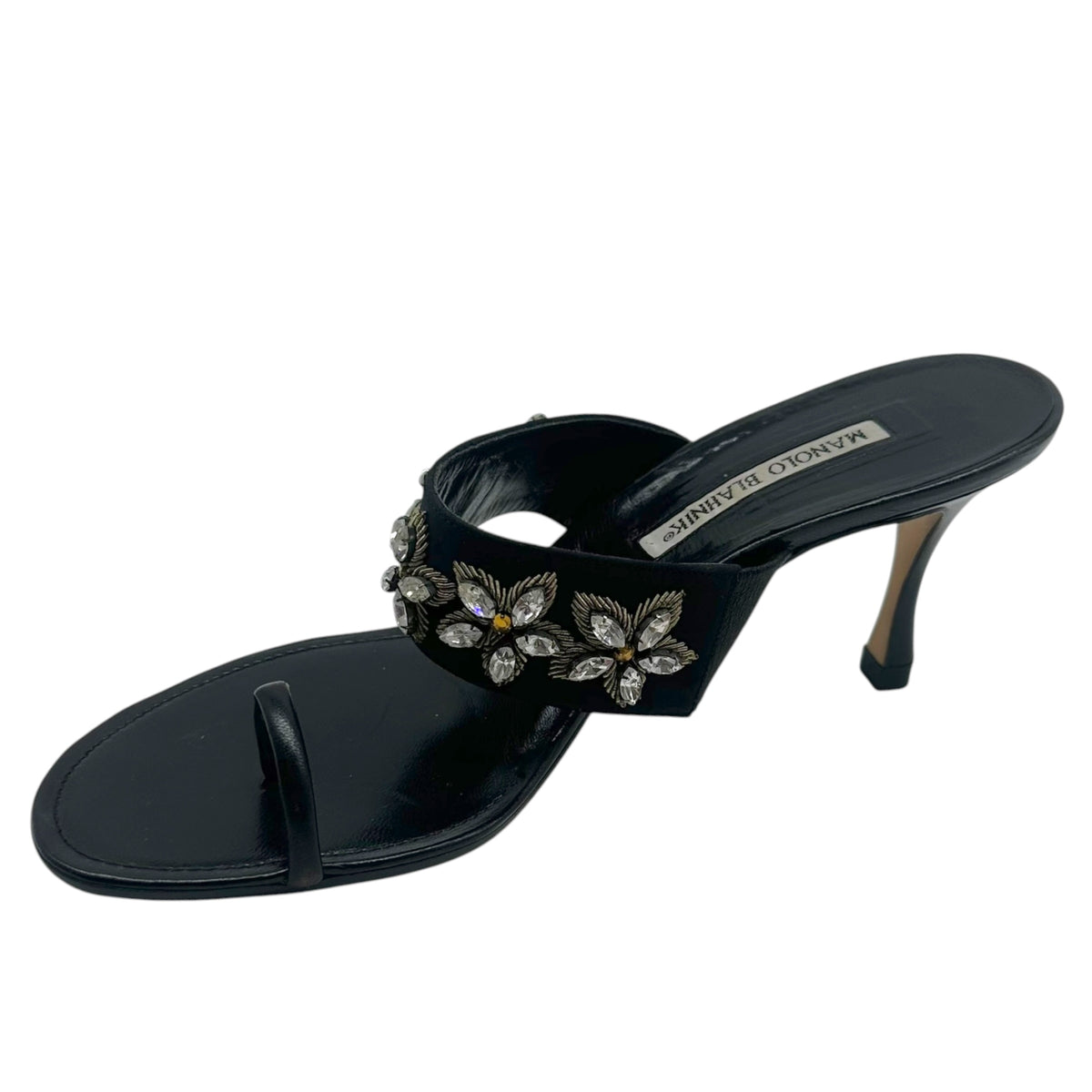 Manolo Blahnik Black Beaded Strap Kitten Heel Sandals