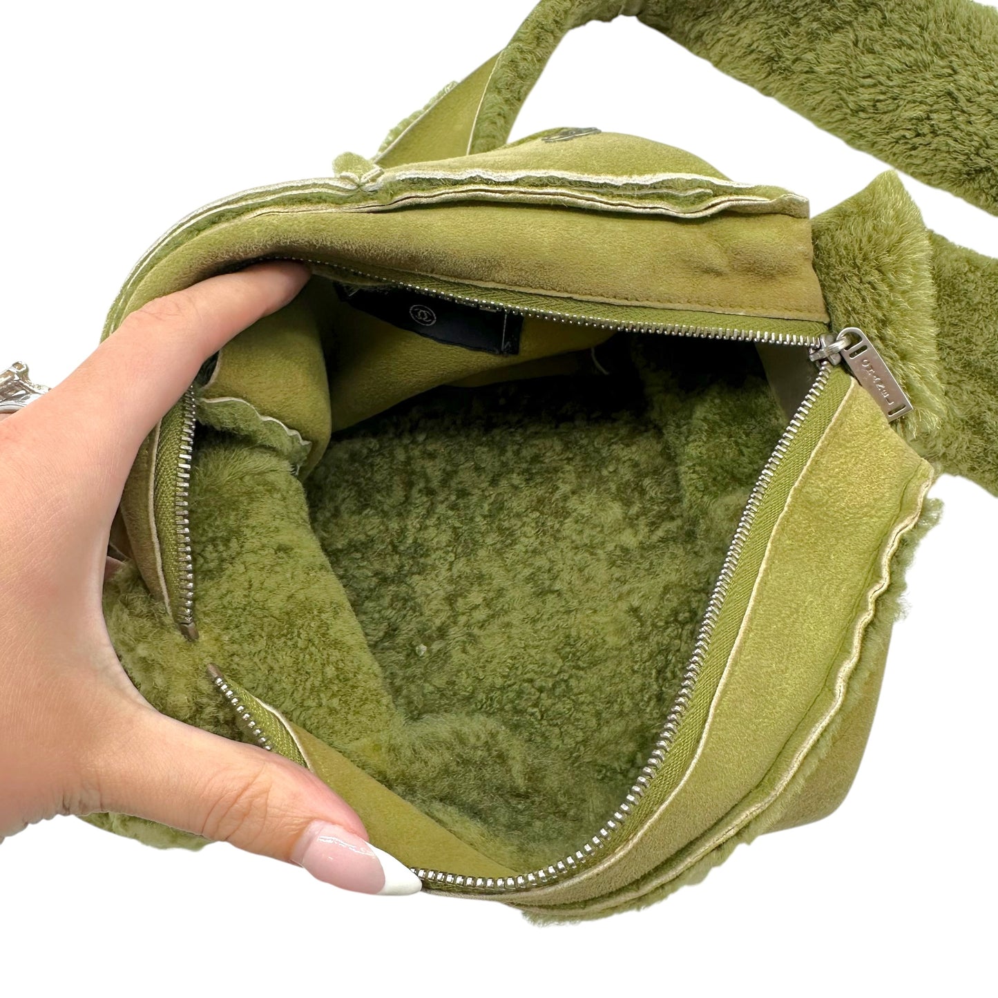 Chanel Green Shearling Crossbody Bag 2000s Vintage