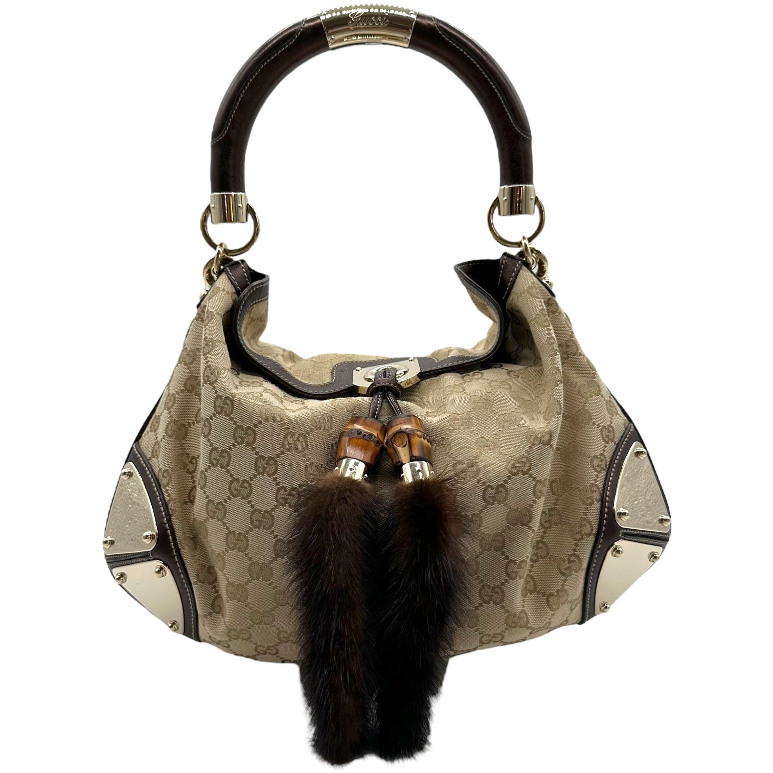 Gucci Classic Monogram Canvas Mink & Bamboo Indy 2-Way Bag RARE - Outfit Repeater