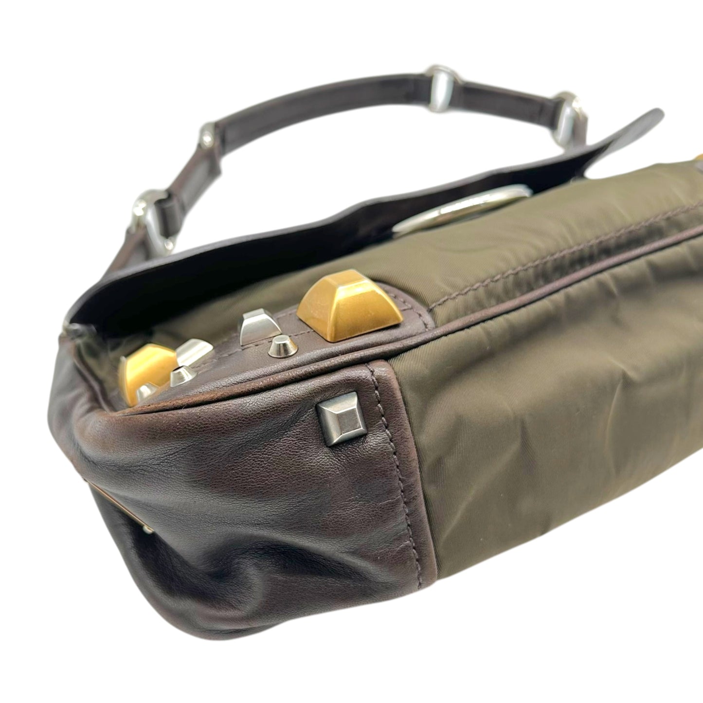 Prada Brown Leather Canvas Studded Shoulder Bag