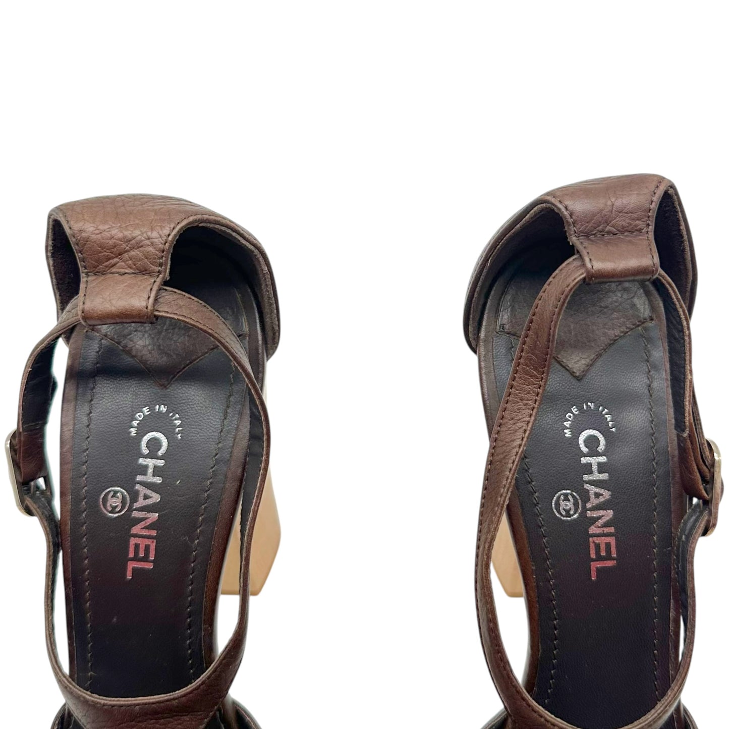 Chanel Brown Leather CC Logo Wooden Platform Heeled Sandals