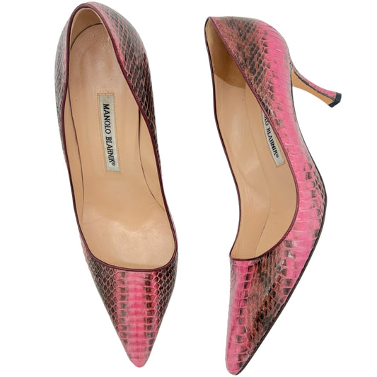 Manolo Blahnik Pink & Black Snakeskin Pointed Toe Heels - Outfit Repeater