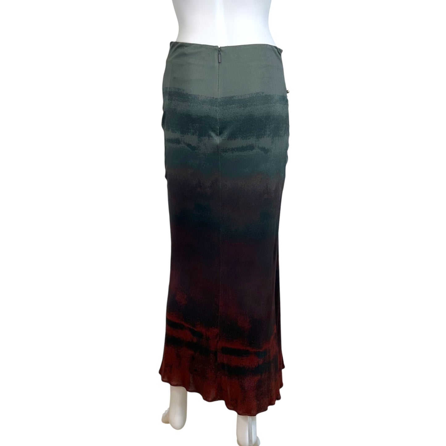 Roberto Cavalli Gray & Burgundy Gradient Print Ruched Side Maxi Skirt NEW