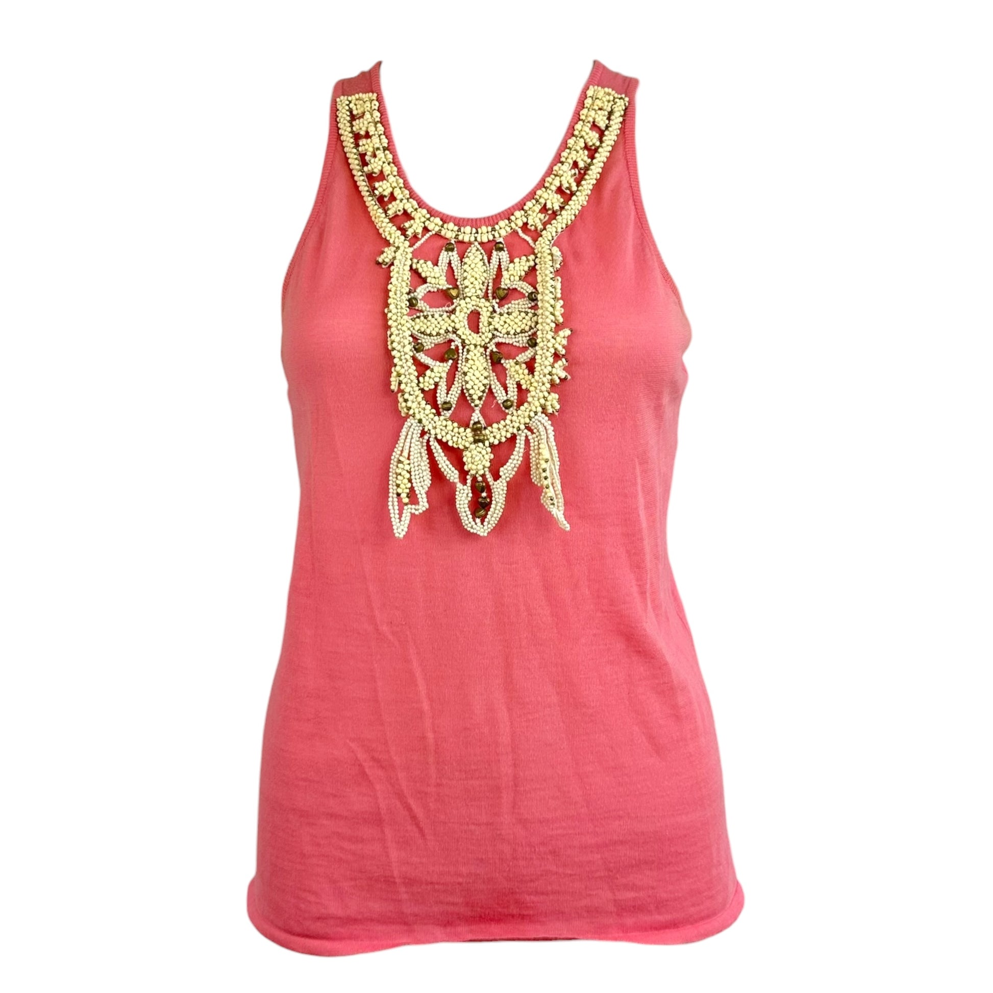 Chloe Tank Top Pink Ivory Beaded Neckline Sleeveless