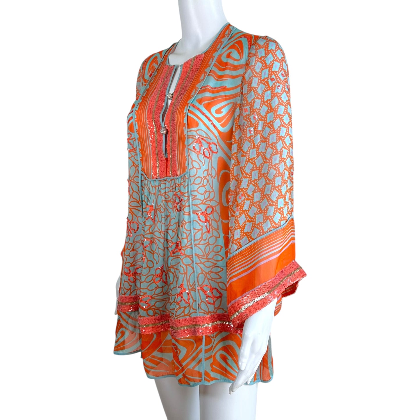Blumarine Mini Dress Orange Turquoise Sequin Silk Sheer