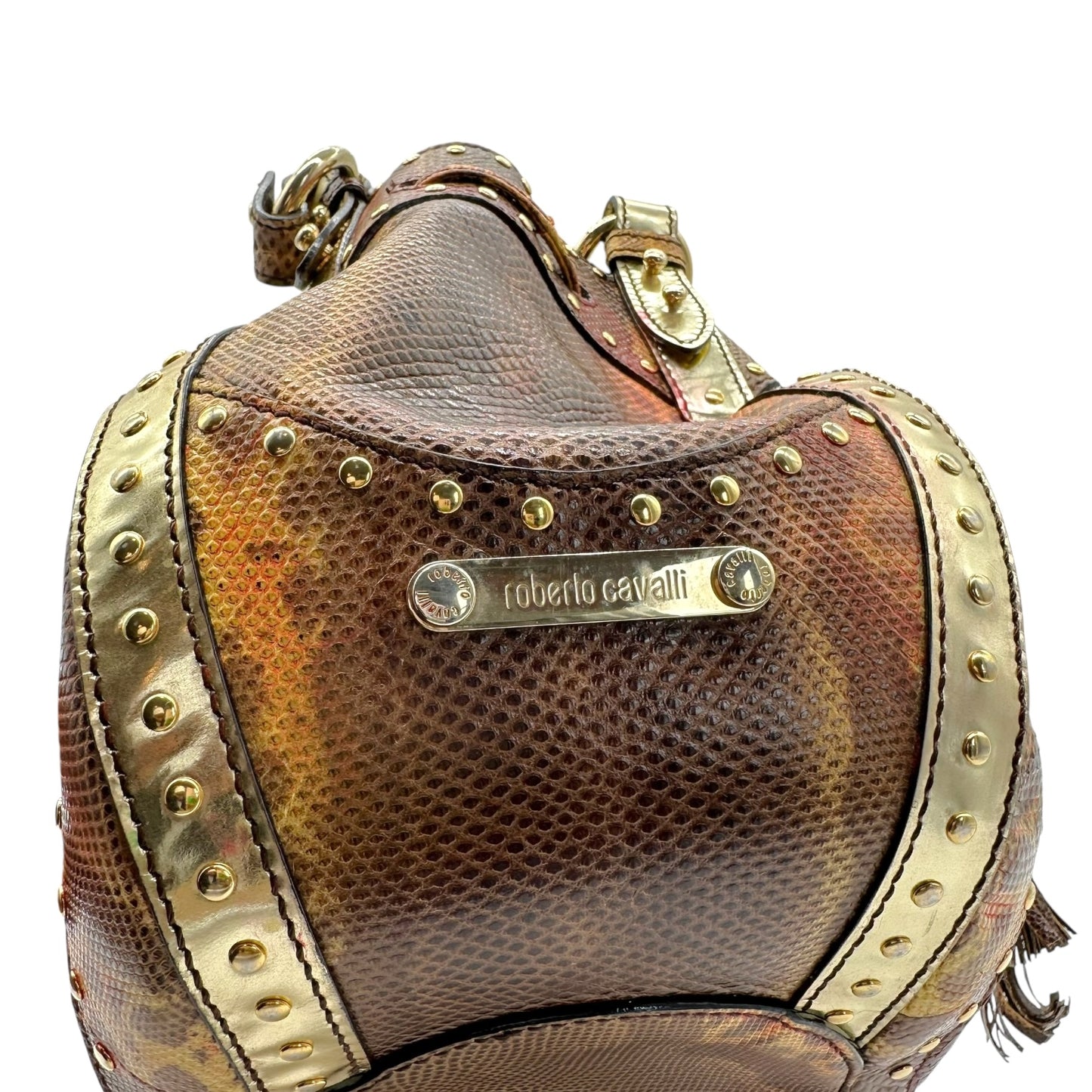 Roberto Cavalli Orange & Brown Lizard Skin Studded Bucket Bag
