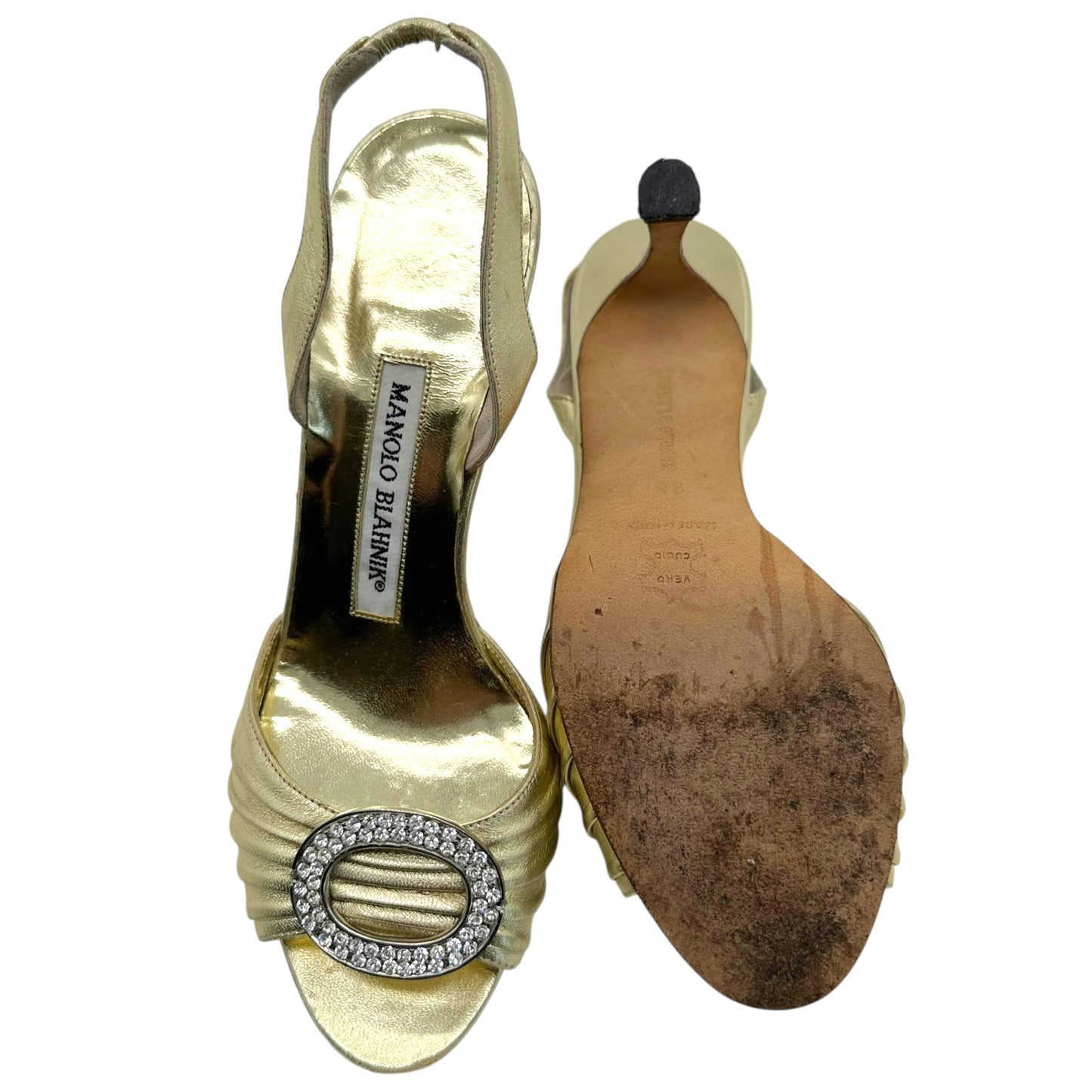 Manolo Blahnik Gold Leather & Rhinestone Slingback Heels - Outfit Repeater