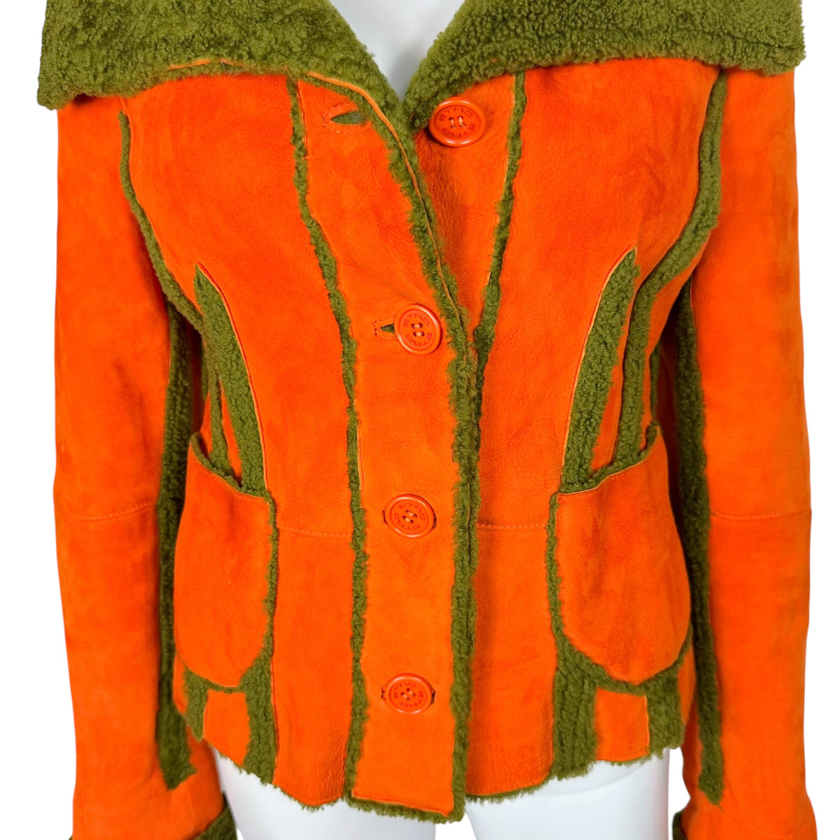Etro Shearling Jacket Orange Khaki Green Button-Up
