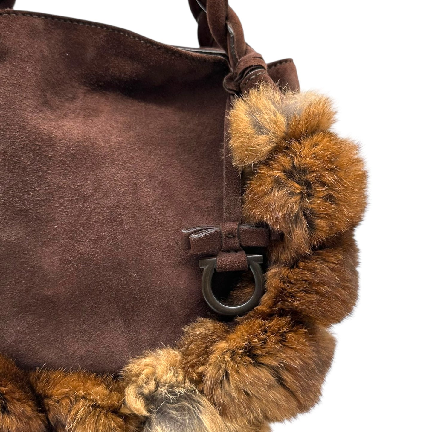 Salvatore Ferragamo Brown Suede & Rabbit Fur Trim Handbag
