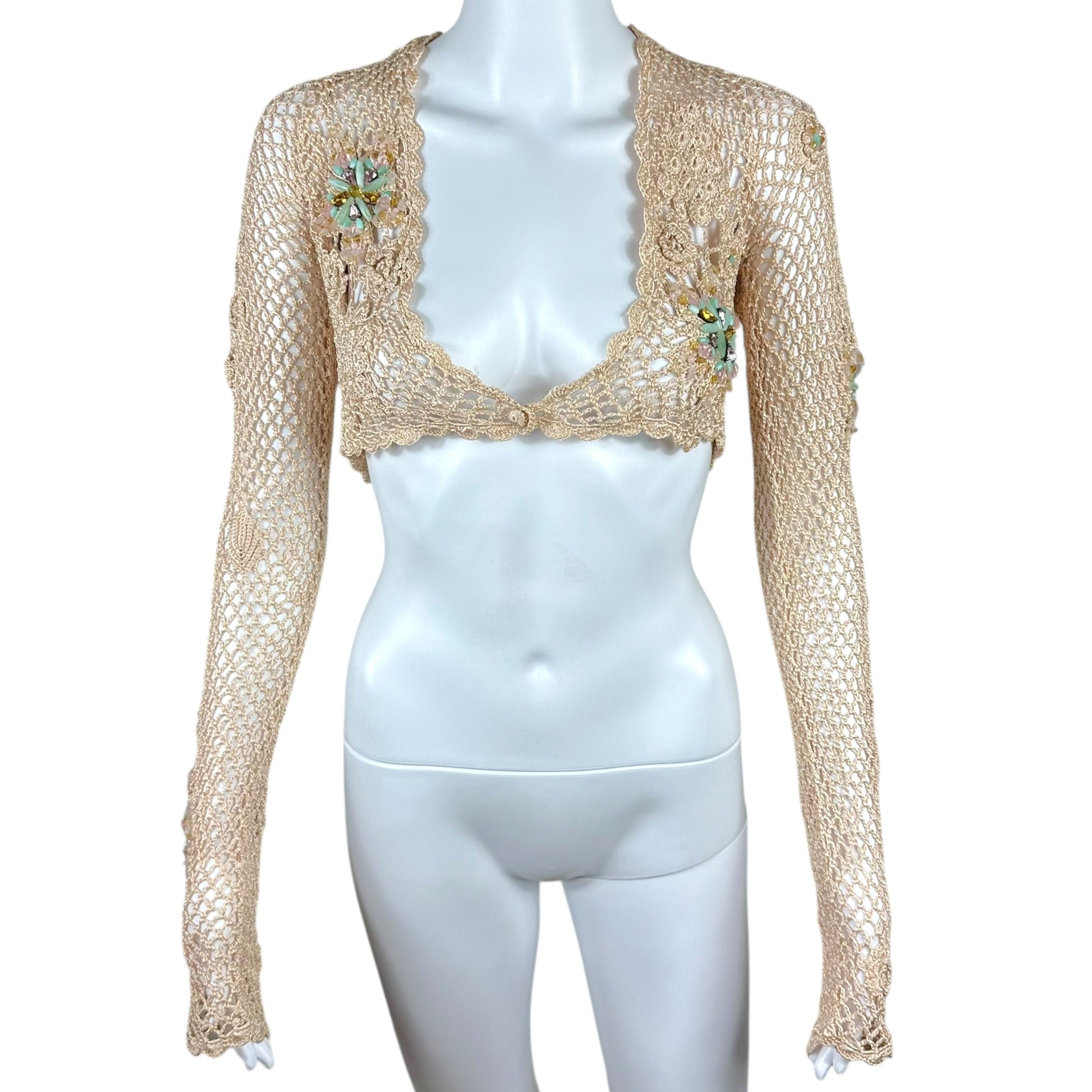 Roberto Cavalli Class Beige Knit Beaded Crop Cardigan Top - Outfit Repeater