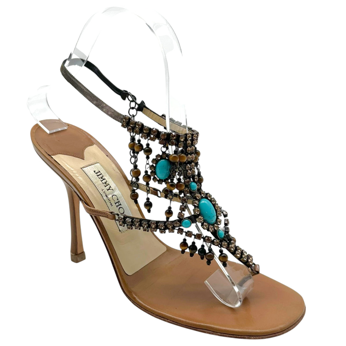 Jimmy Choo Thong Sandal Heels Turquoise Crystal Embellished
