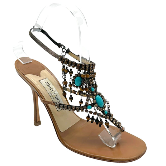 Jimmy Choo Thong Sandal Heels Turquoise Crystal Embellished