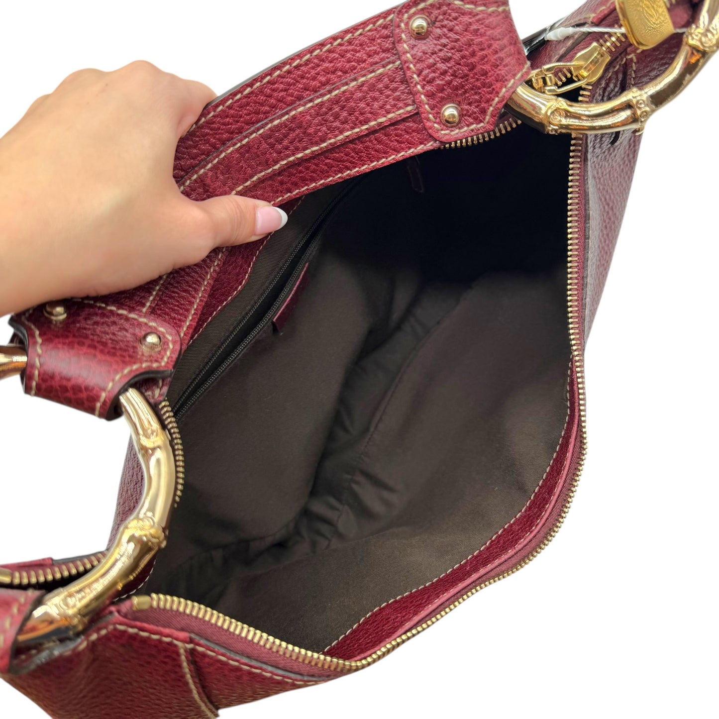 Gucci Burgundy Leather Metal Bamboo Ring Hobo Bag