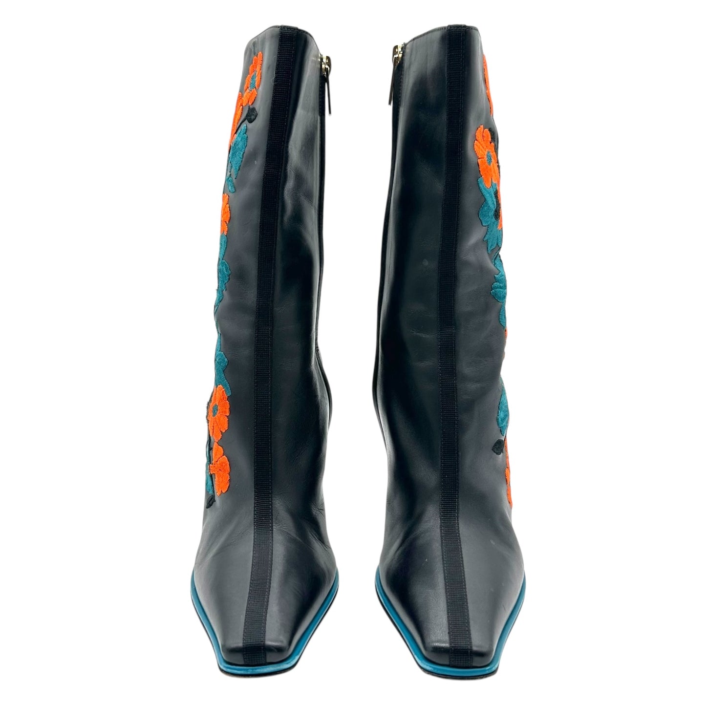 Versace Black Leather Floral Patchwork Heeled Boots