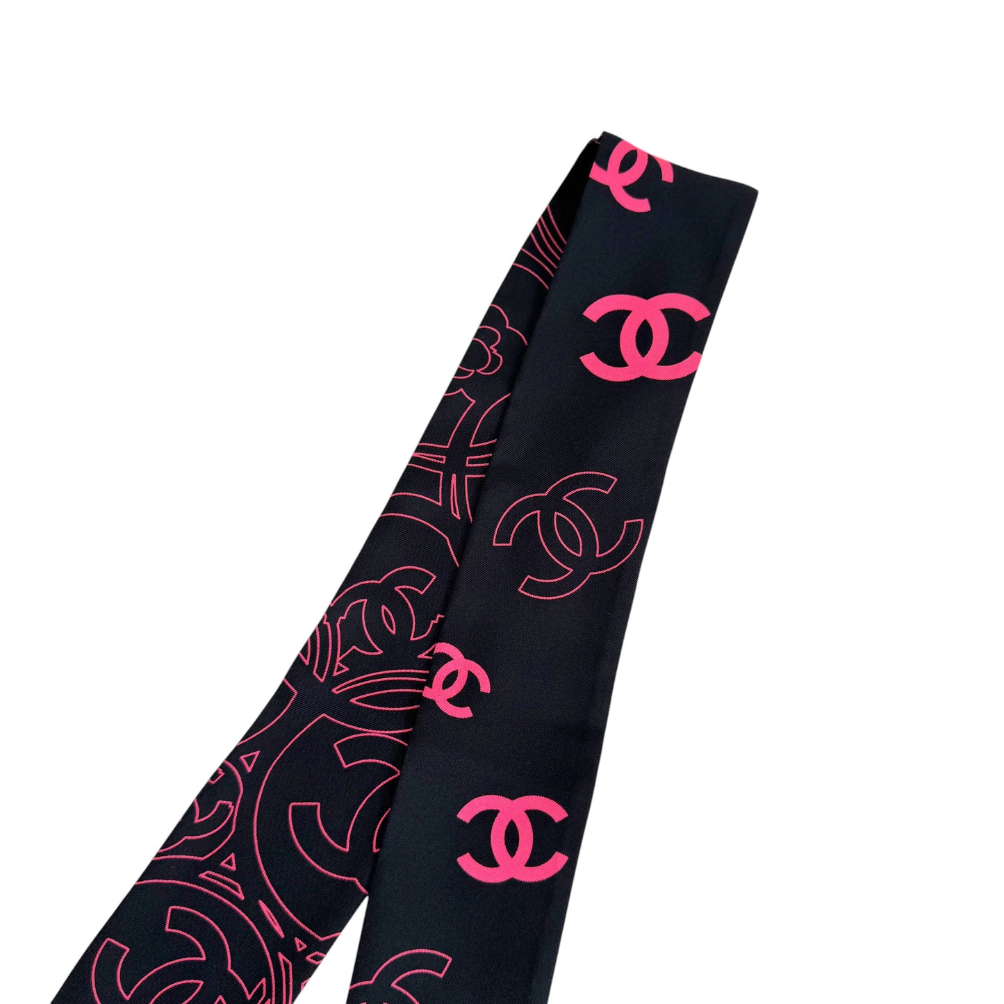 Chanel Pink & Black Logo Print Silk Twilly Scarf