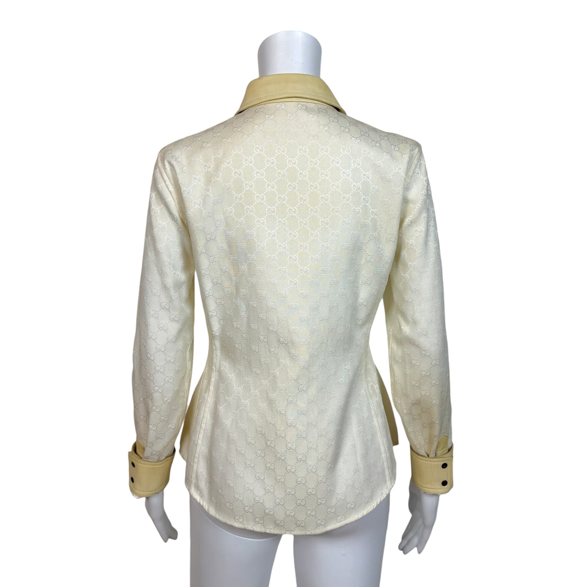 Gucci by Tom Ford 2000 White Monogram & Beige Leather Button-Up Blouse