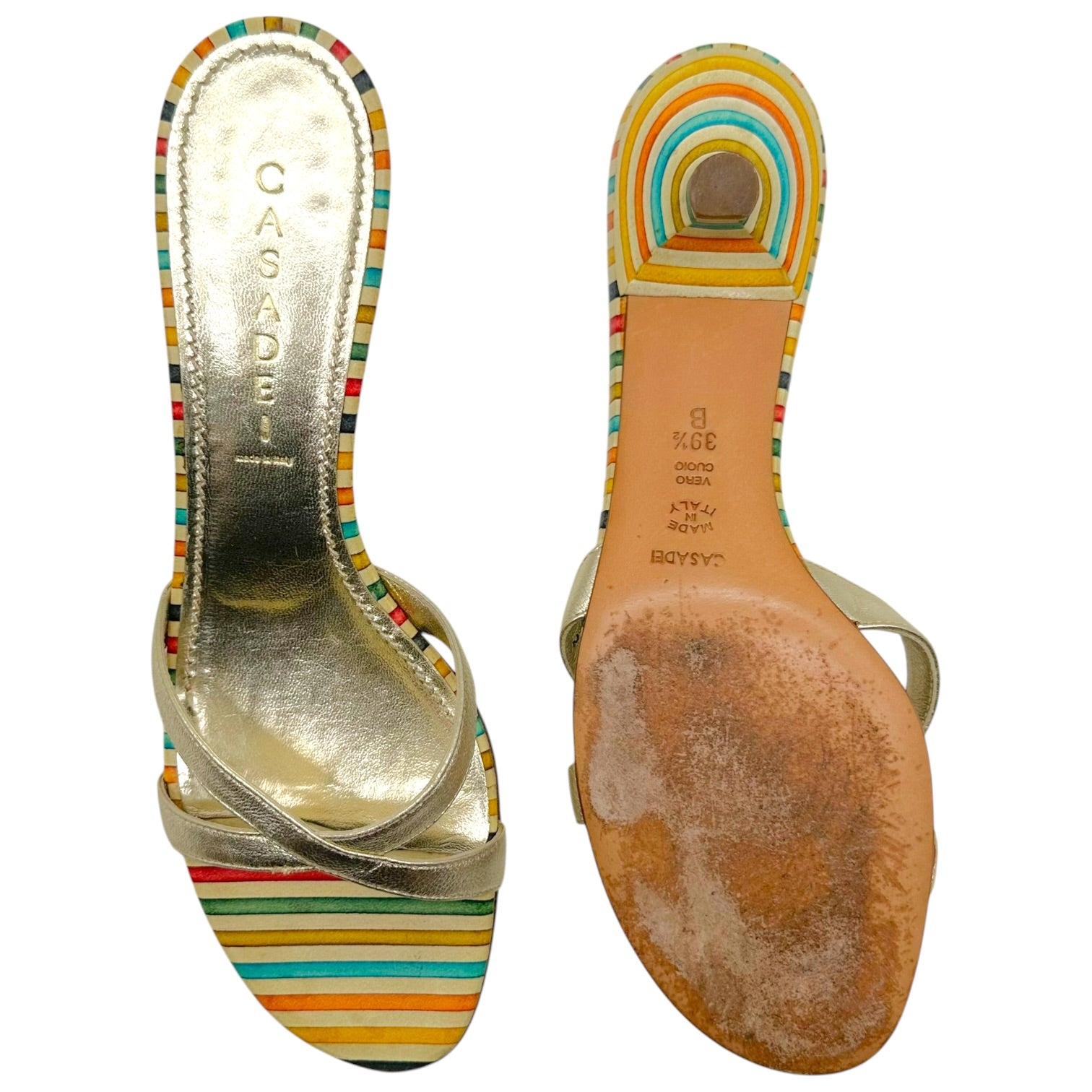 Casadei Metallic Gold Multicolor Striped Kitten Heel Mules