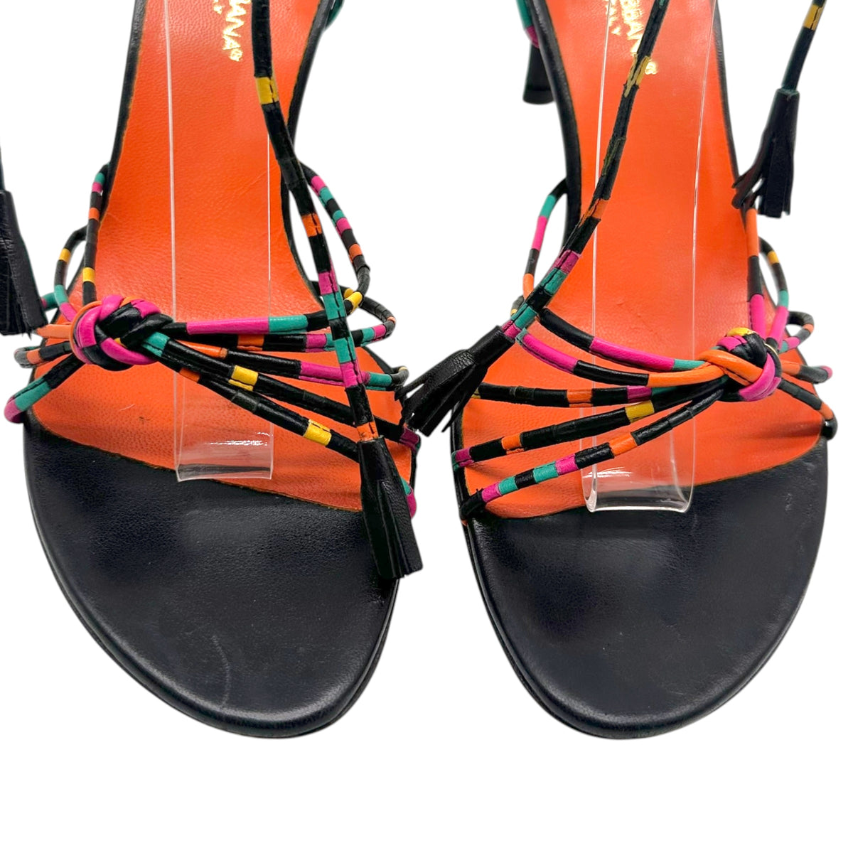 Dolce & Gabbana Black Multicolor Striped Wrap Sandal Heels