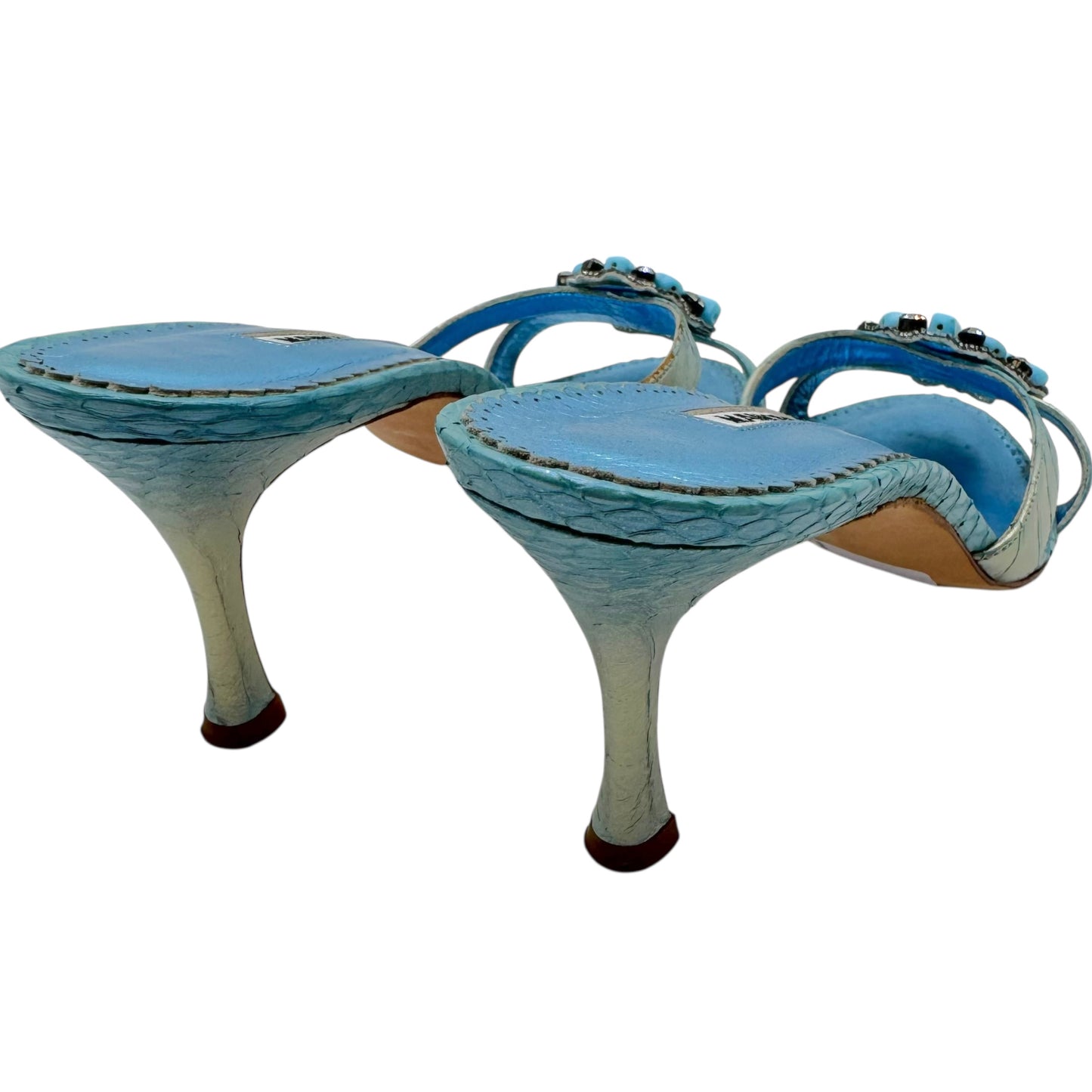 Manolo Blahnik Blue Beaded Kitten Heel Mule Sandals - Outfit Repeater