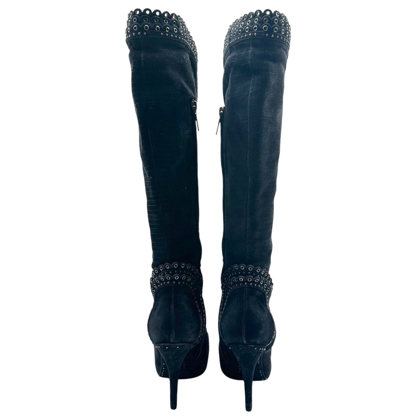 Christian Dior F/W 2011 Black Suede & Silver Rivet Lace Up Knee High Heeled Boots
