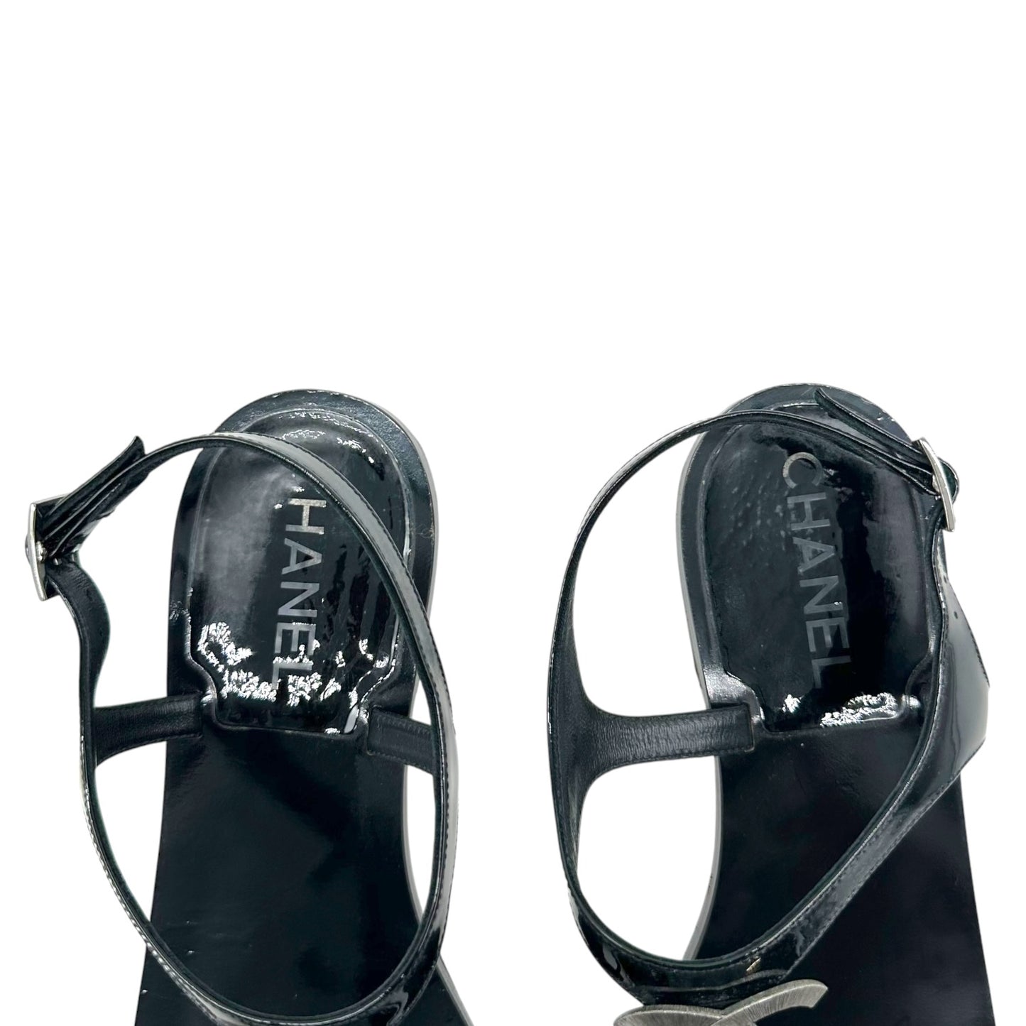 Chanel Black Patent Leather CC Logo Thong Sandals