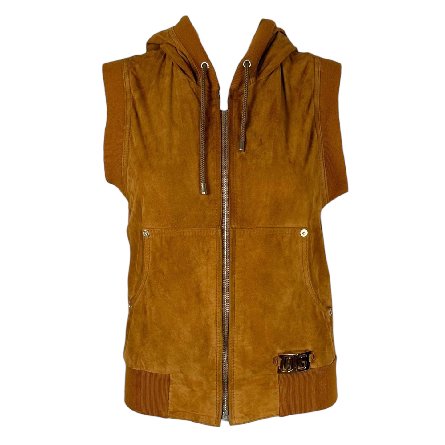 Dolce & Gabbana Brown Suede Hooded Logo Charm Vest