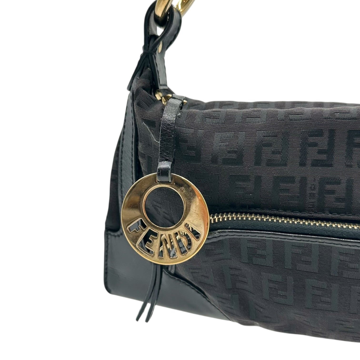 Fendi Black Zucchino Monogram Leather Trim Gold Hardware Shoulder Bag - Outfit Repeater