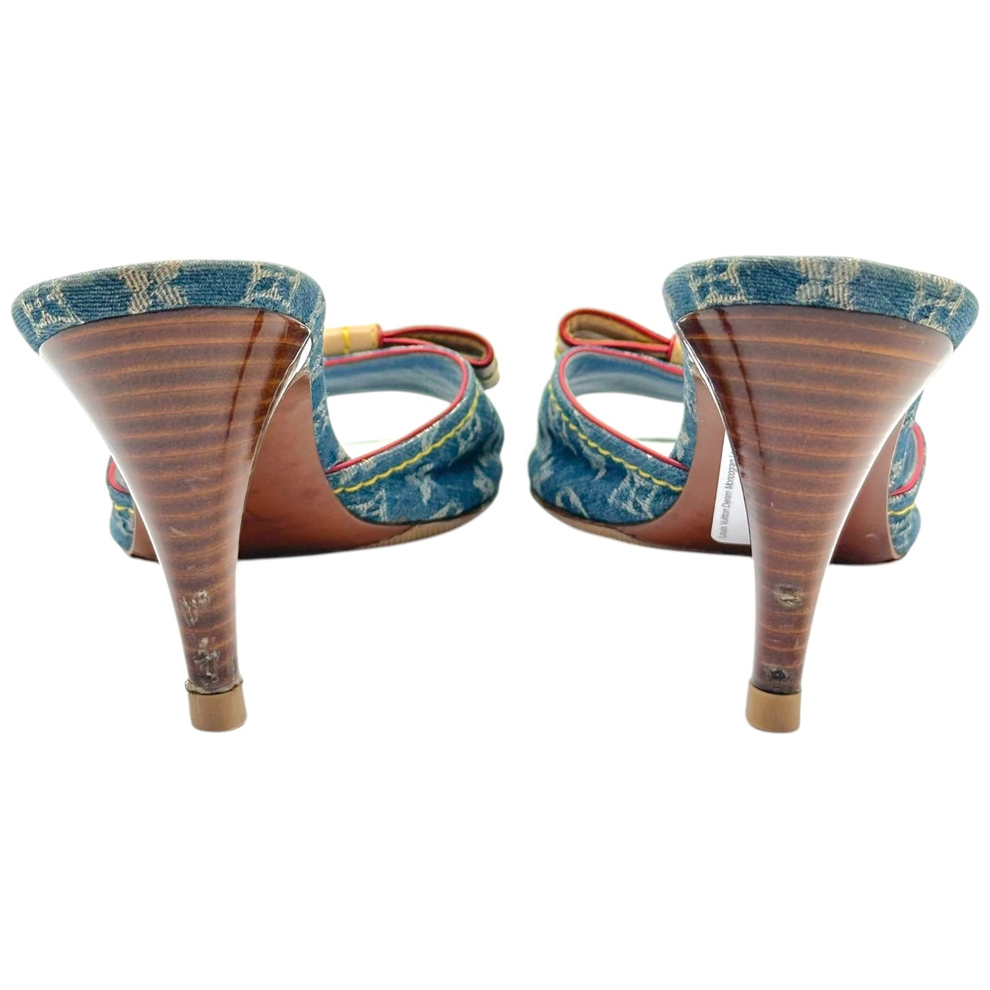 Louis Vuitton Denim Monogram Leather Bow Heeled Mule Sandals