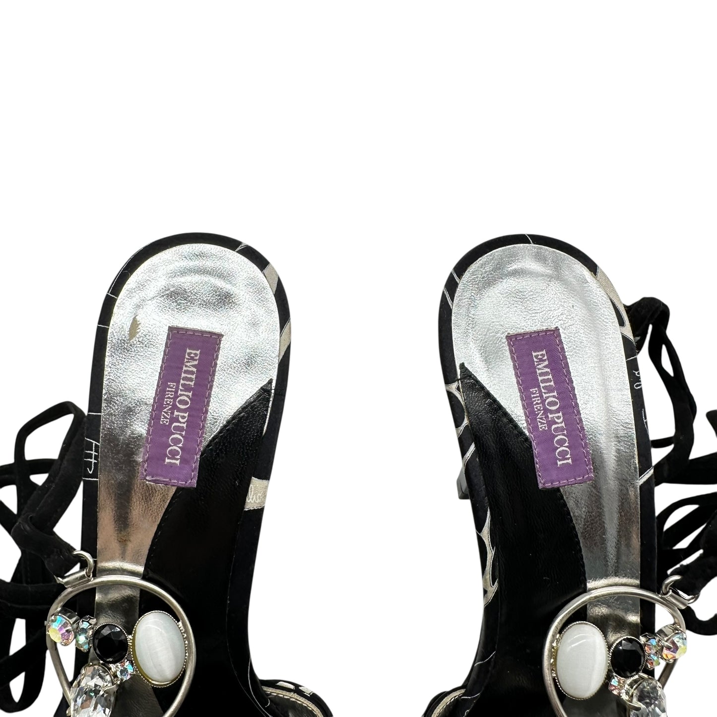 Emilio Pucci Crystal Embellished Black Silk Printed Wrap Heels