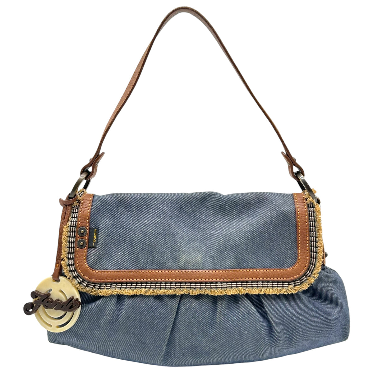 Fendi Chef Shoulder Bag Blue Denim Brown Leather