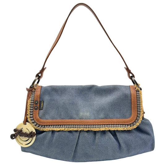 Fendi Chef Shoulder Bag Blue Denim Brown Leather