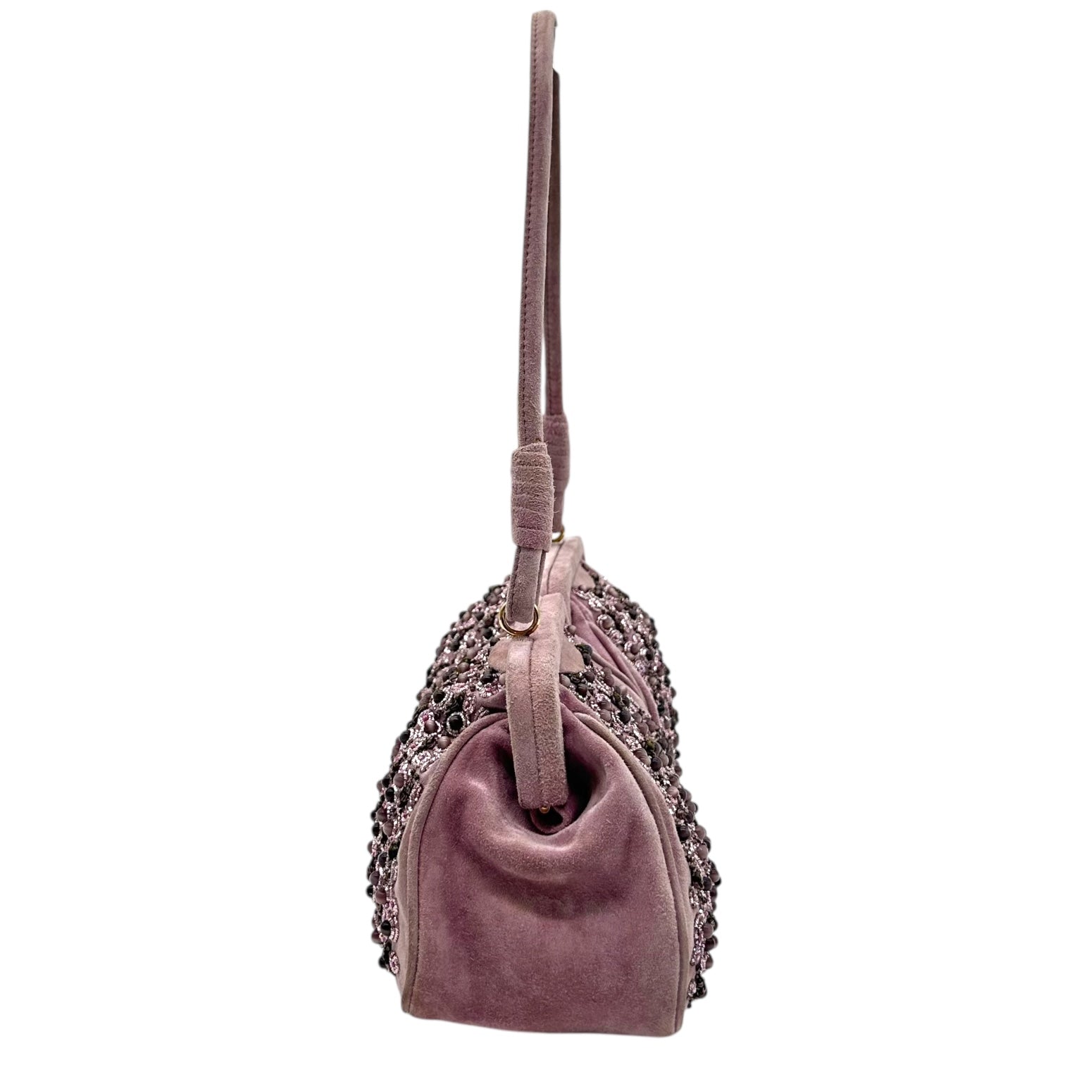 Bottega Veneta Limited Edition Lavender Suede Beaded Shoulder Bag - Outfit Repeater