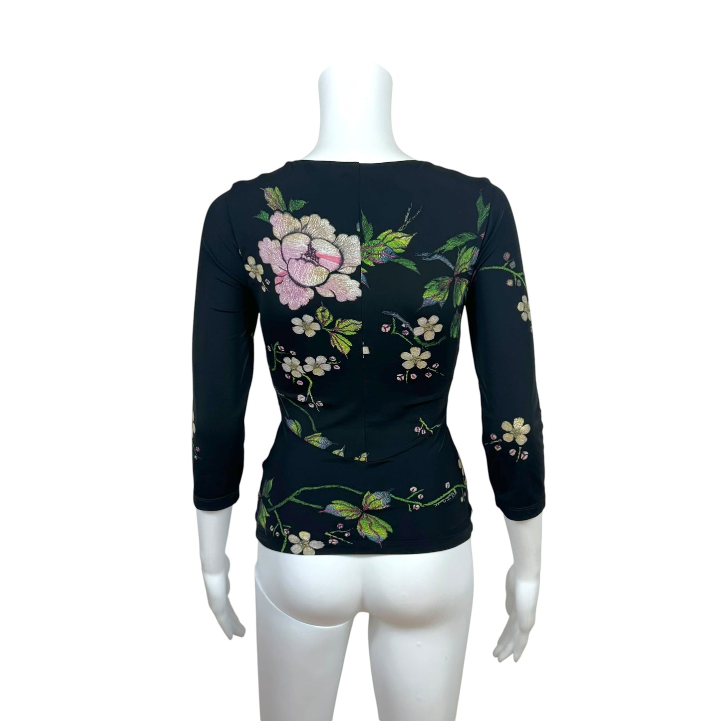 Roberto Cavalli Black Multicolor Floral & Snake Charm Plunge Neck 3/4 Sleeve Top