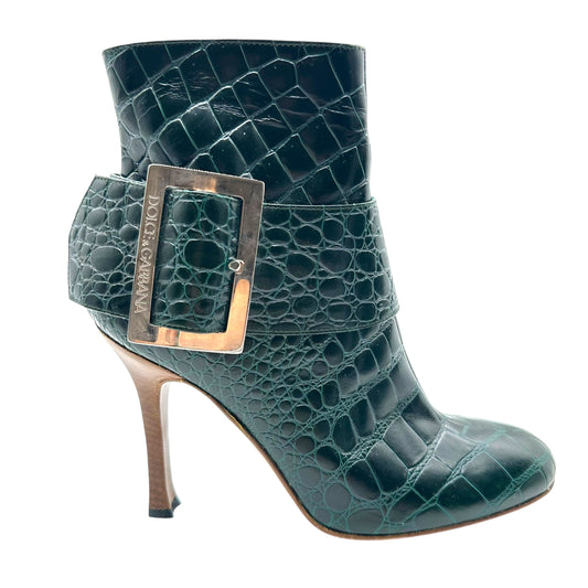 Dolce & Gabbana Green Croc Embossed Buckle Heeled Boots