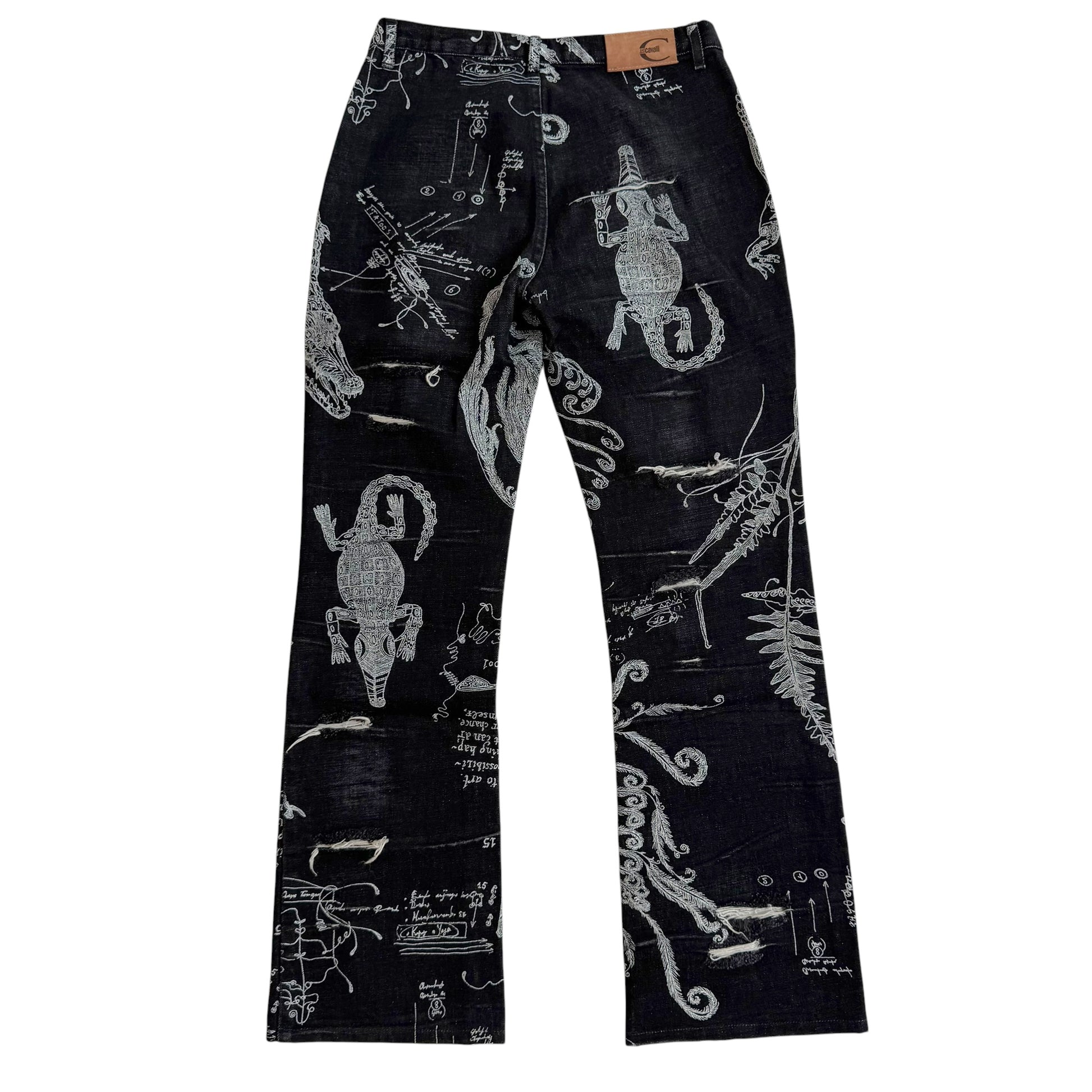 Roberto Cavalli Black White Illustration Distressed Jeans