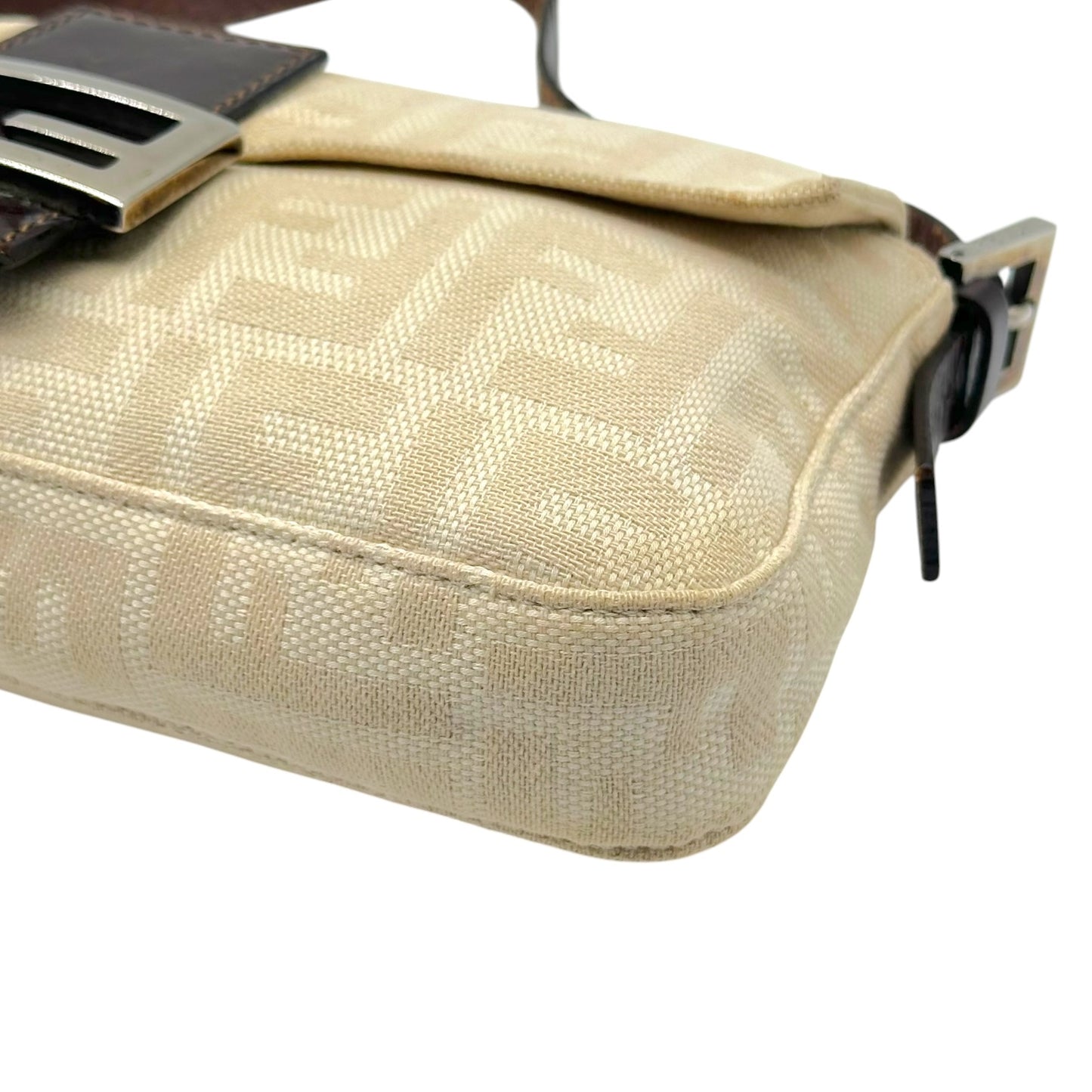 Fendi Ivory Zucca & Brown Leather Baguette Bag