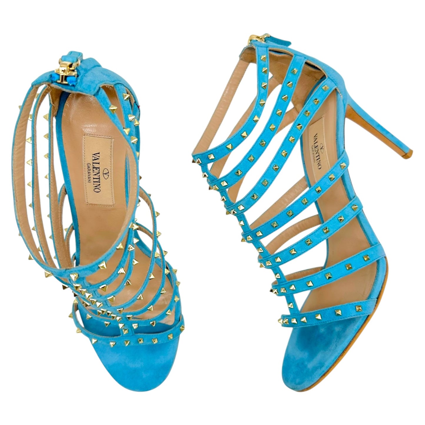 Valentino Turquoise Suede & Gold Rockstud Gladiator Heels