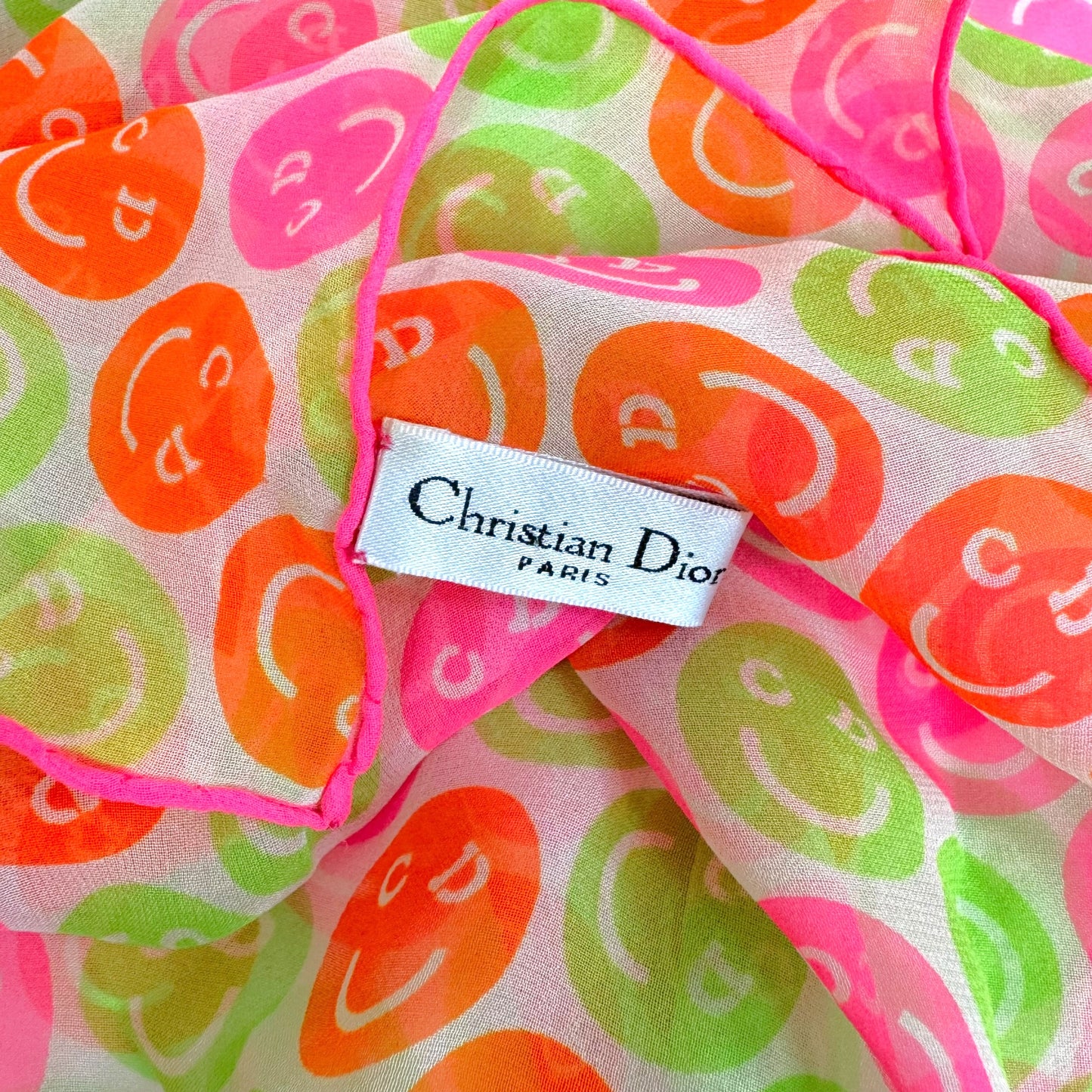 Christian Dior F/W 2001 Neon Pink & Green CD Smiley Face Sheer Silk Square Scarf