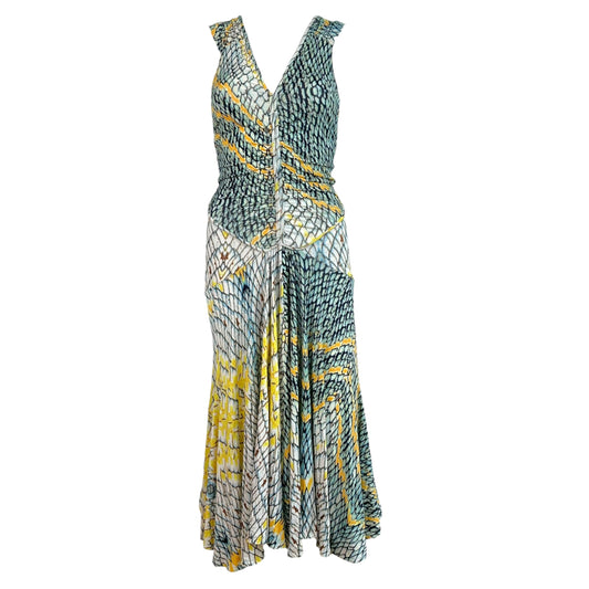 Just Cavalli Roberto Cavalli Turquoise & Yellow Scale Printed Fit & Flare Midi Dress