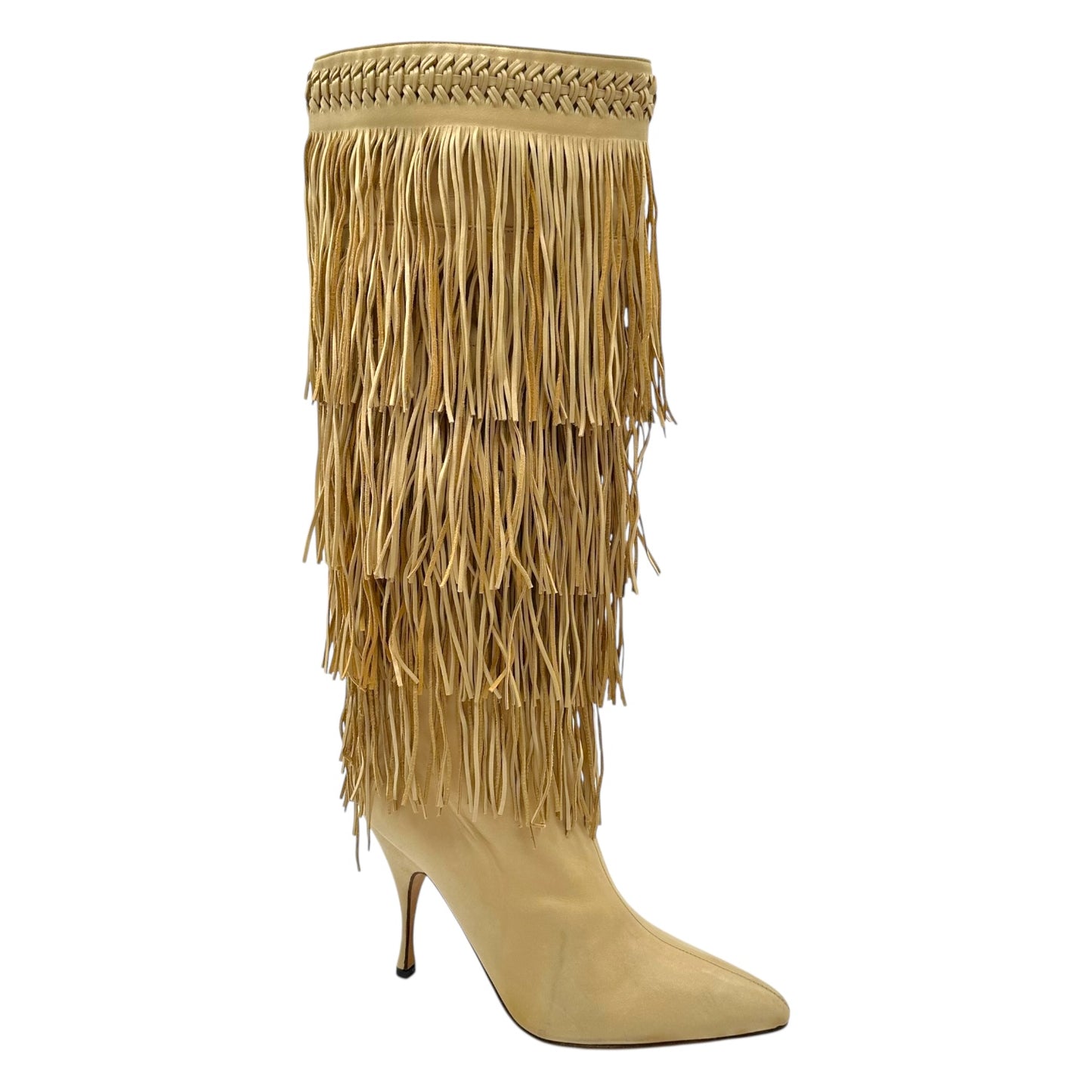 Brian Atwood Beige Leather Fringe Trim Heeled Boots