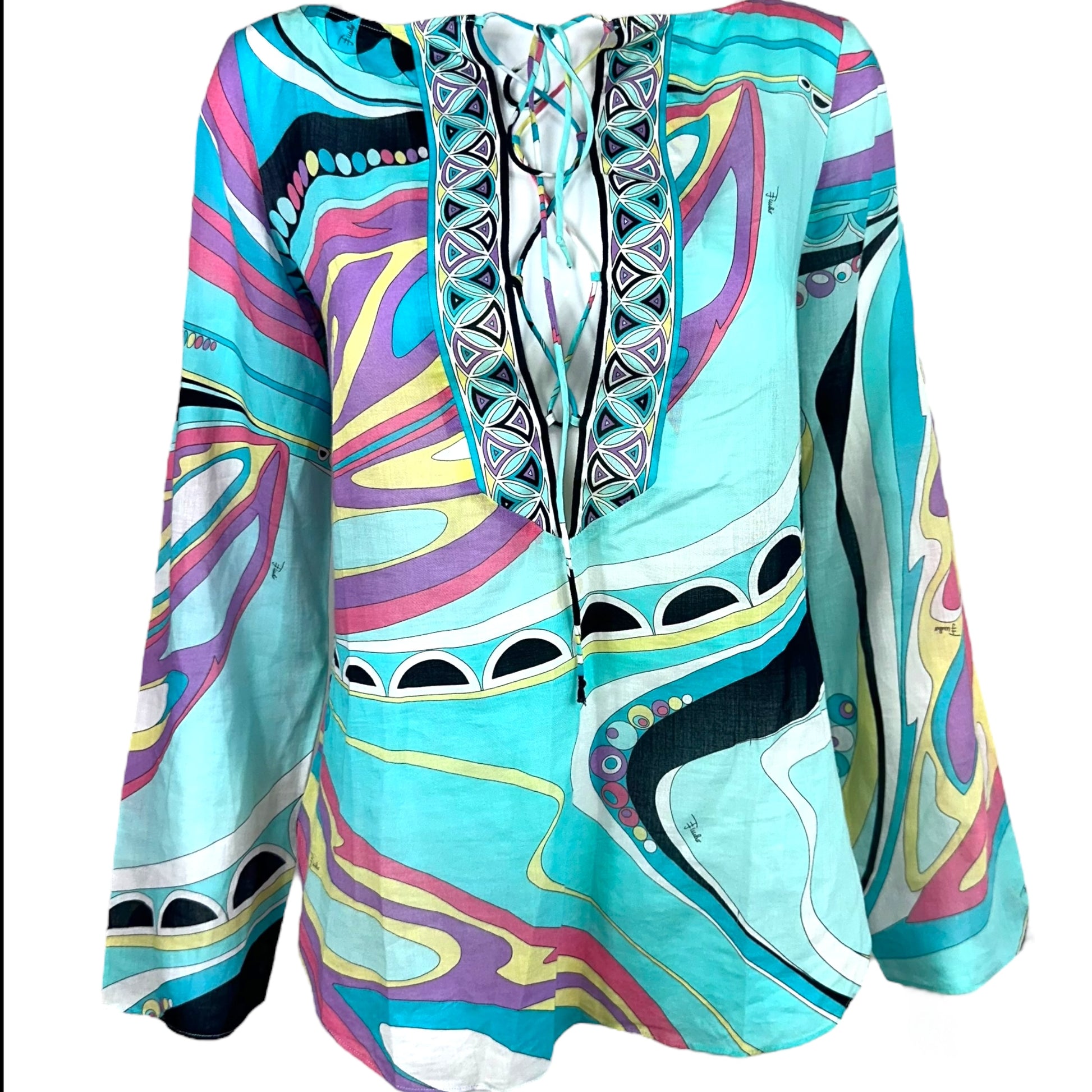 Emilio Pucci Blue Butterfly Print Sheer Lace Up Blouse - Outfit Repeater