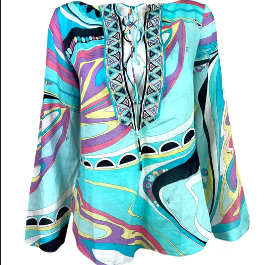 Emilio Pucci Blue Butterfly Print Sheer Lace Up Blouse - Outfit Repeater