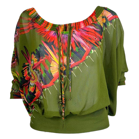 Jean Paul Gaultier Soleil Olive Green Multi Tropical Print Mesh Off-Shoulder Dolman Top