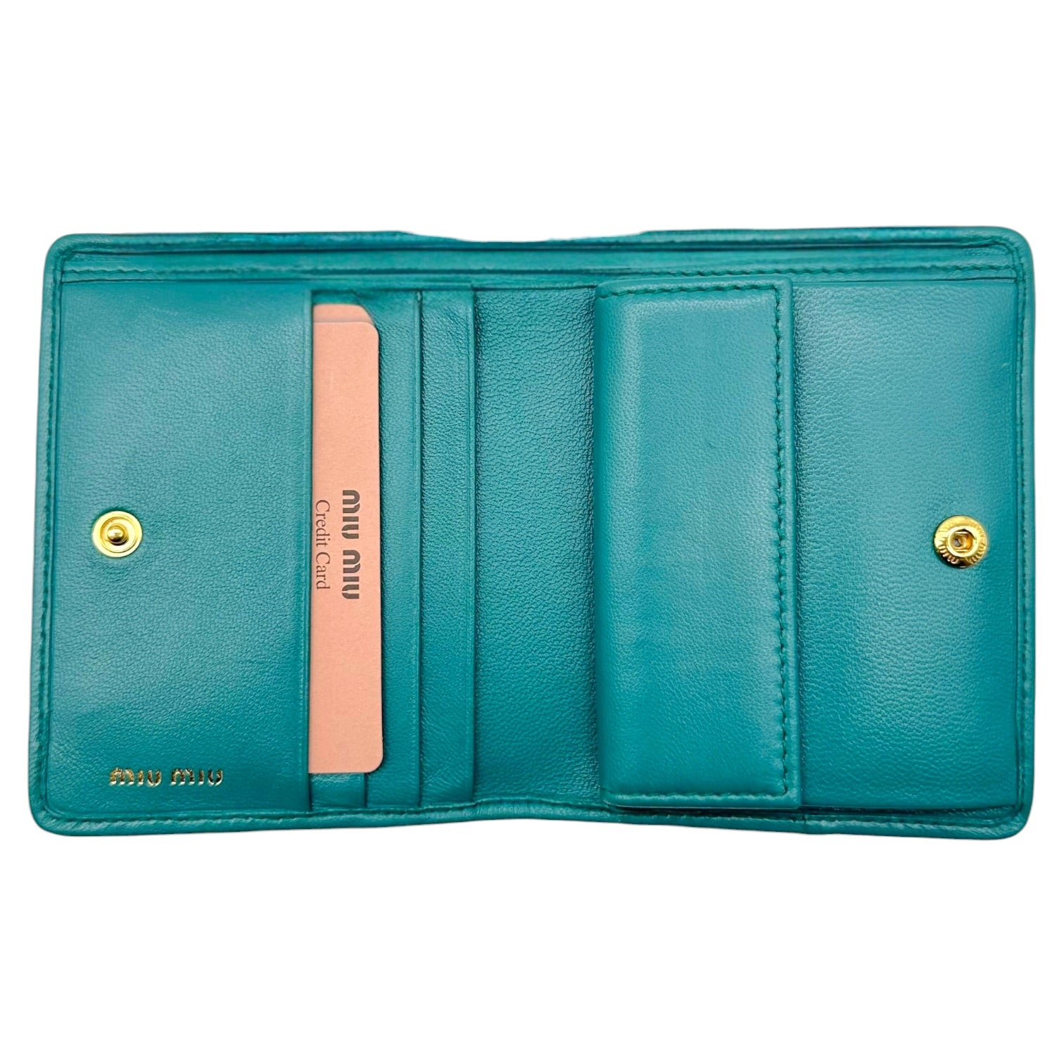 Miu Miu Bi-Fold Wallet Teal Green Matelasse Quilted Leather